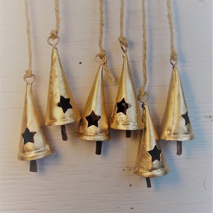 Starry Night BELLS - 3&quot; Bright Gold Cone w/Star Cut-Outs- For Wind Chimes, Weddings, Bridal Shower, Crafts, Angel Bells, Wreaths, Door