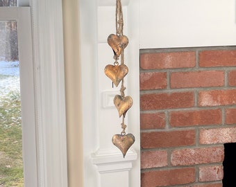 Cupid Bells - Rustic Gold Open Heart Bells Strung on Jute - Bell Hanging with Beautiful Sound for Rustic Decor on Doors, Porch, Garden, Deck