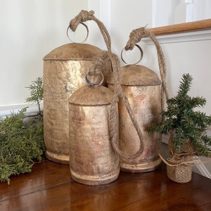 Yuletide Bells - Set of 3 Large Rustic Gold Bells with Rope - Standing Bells for Mantel, Christmas Decor, Rustic Farmhouse - Very Rustic!