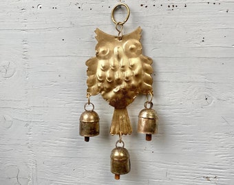 Gold Owl Wind Chime with Three Bells - Animal Bird Chime for Outdoor, Garden, Patio Decor