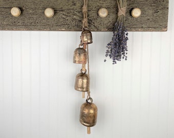 TIMELESS BELL HANGING - Set of 4 Rustic Gold Bells On Rope in Increasing Sizes - For Wreaths, Doors, Mantle, Christmas, Holiday Decorations