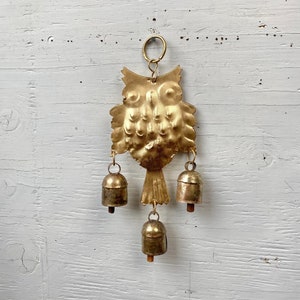 Gold Owl Wind Chime with Three Bells - Animal Bird Chime for Outdoor, Garden, Patio Decor