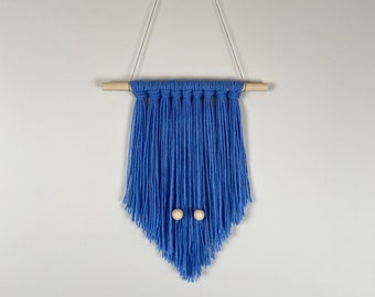 Yarn Wall Hanging in Vibrant Blue for Nursery, Dorm Room, Bedroom with Wooden Beads