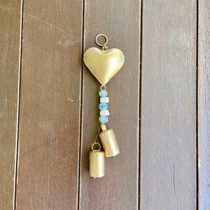 OCEAN WAVE Wind Chime w/ Golden Heart & Bells, Glass African Blue Recycled Beads - Beautiful Beachy Look for Porch, Deck, Garden