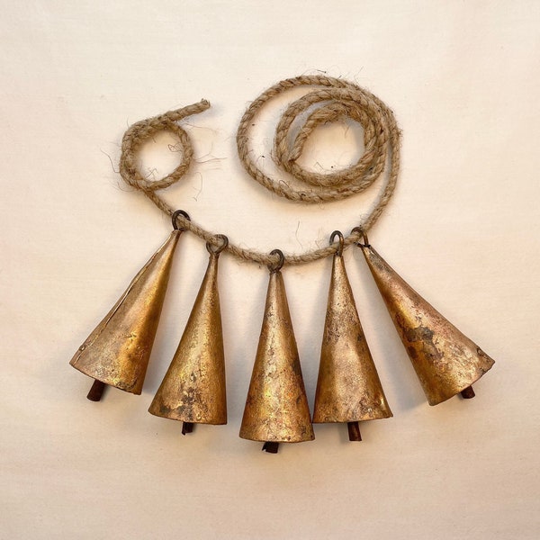 NOAH Bells - Group of 5 Triangle 3” or 3 3/4" Handmade Bells-Crafts, Wreaths, Wind Chimes - Sweet Melodic Ring Tone & Rustic Old World Look