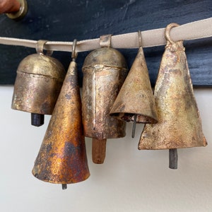 BARN BELLS in Small Sizes 5 Distinctive Golden Rustic Bells Full of Beautiful Rough Hewn Variations Perfect for ALL Home Decor image 1