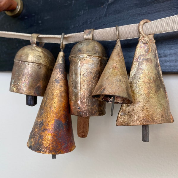 BARN BELLS in Small Sizes- 5 Distinctive Golden Rustic Bells - Full of Beautiful Rough Hewn Variations - Perfect for ALL Home Decor