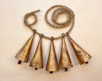 NOAH Bells - Group of 5 Triangle 3” or 3 3/4&quot; Handmade Bells-Crafts, Wreaths, Wind Chimes - Sweet Melodic Ring Tone & Rustic Old World Look