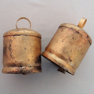 BUDDHA Bells - Two 3&quot; Iron Rustic Bells with Wooden Clapper - Rough Hewn Gold - For Hanging, Wind Chimes, Weddings, Wreaths, Christmas Decor