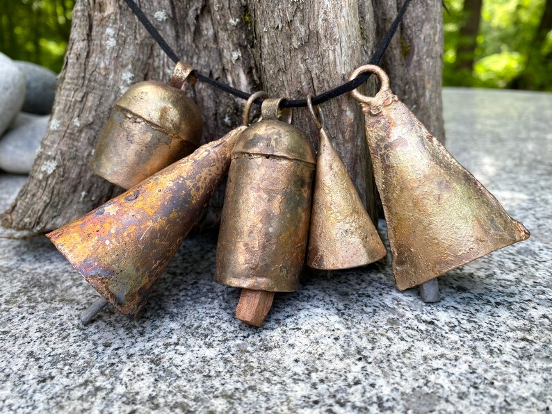BARN BELLS in Small Sizes 5 Distinctive Golden Rustic Bells Full of Beautiful Rough Hewn Variations Perfect for ALL Home Decor image 8