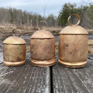 Set of 3 Rustic Gold Bells in 4", 5" & 5 1/2-6" with Wooden Ringers - Mantel Decor, Christmas Decor, Stockings, Party Decor, Holiday Decor