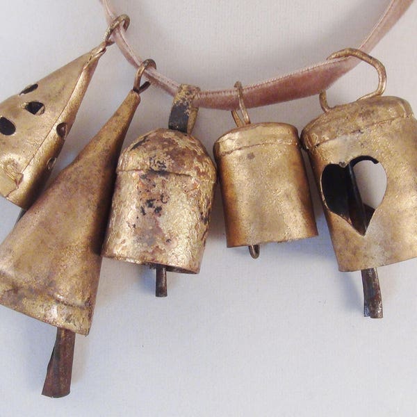 SPIRIT BELLS-5 Various Shapes in Gold-Recycled Iron Sheet Metal Bells-Great for Craft Projects-Make Wind Chimes -AKA Guardian Angel Bells