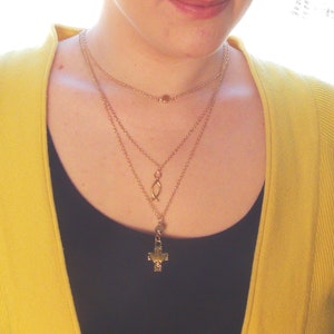 JESUS Gold Necklace in 3 Lengths -With Jesus Fish, Gold Cross with Holy Spirit/Ghost, and Simple Circle of Life at Choker Length-All In One