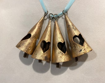 HEART BELLS - Group of Rustic Gold Cone-Shaped Bells with Heart Cut-Outs - Perfect for Weddings, Christmas Decor, Wind Chimes, Rustic Decor