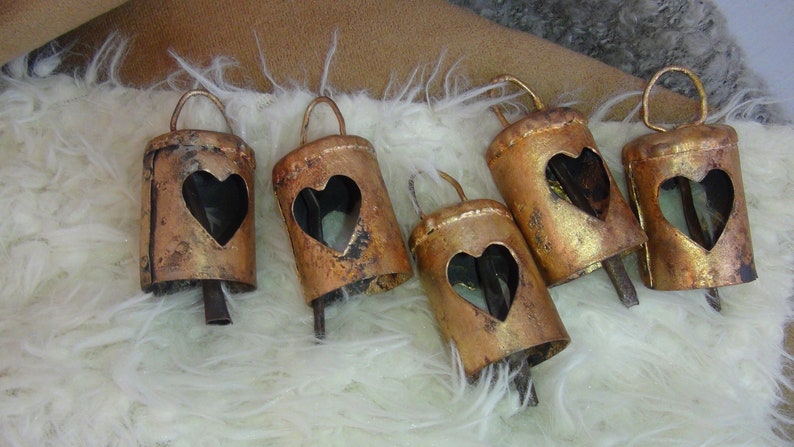 RUSTIC HEART Bells Set of Metal Gold Bells with Rustic Finish, Metal Clapper 2 1/4 For Bell Hangings, Crafts, Valentines, Christmas image 9