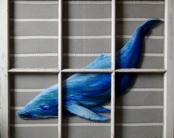 OCEAN CURRENT - Humpback Whale Painting - Reverse Oil Painting on Old Vintage Window