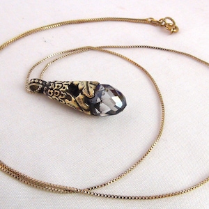 Gothic Pendant w/ Faceted Clear Drop & Gold Medieval Design on Gold Dipped 24&quot; Chain - For Cosplay, Fantasy, Goddess, Mystical Role Play