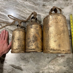 Yuletide Bells - Set of 3 Large Rustic Gold Bells With Rope - Standing ...
