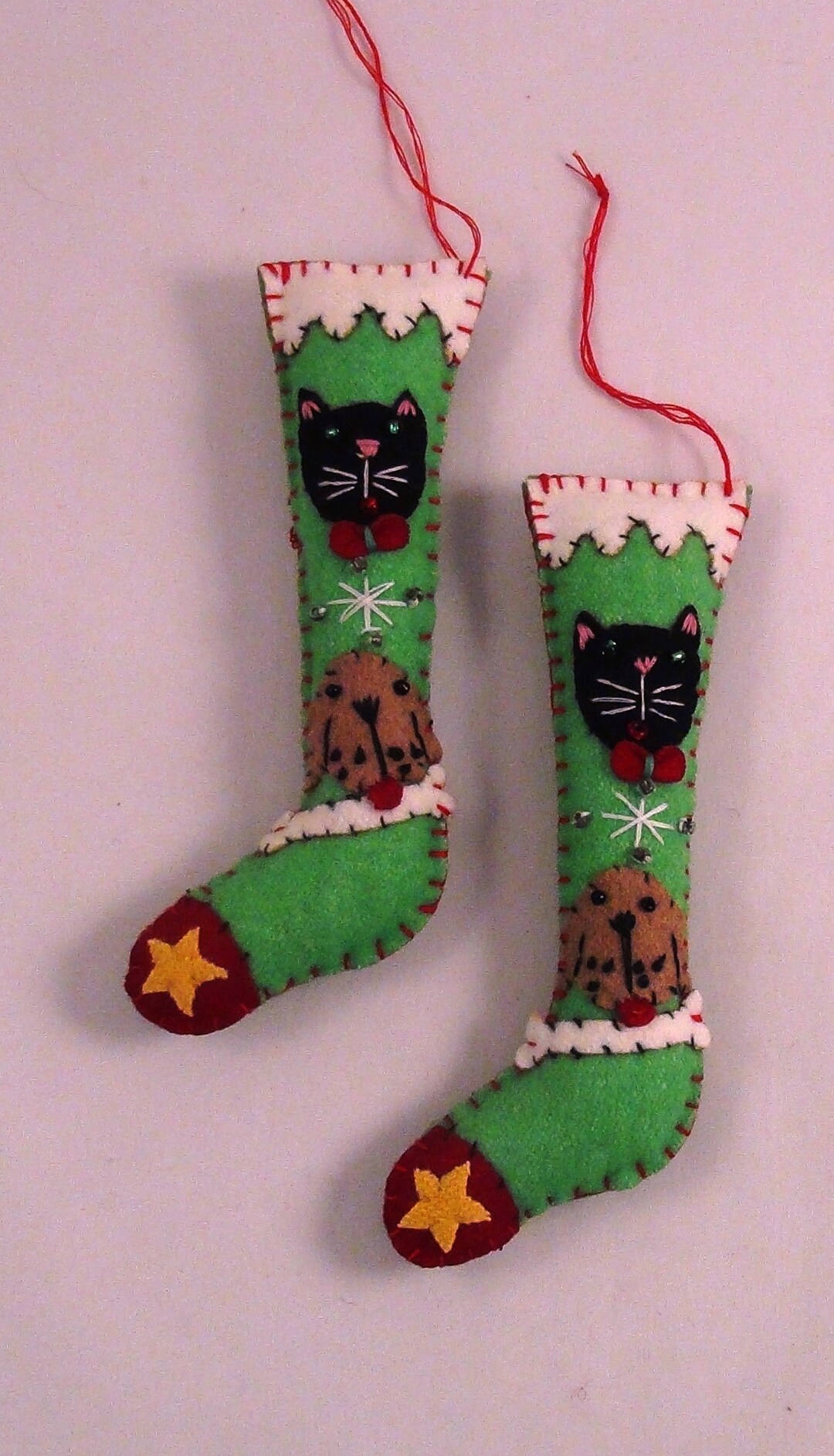 Cat & Dog Christmas Stocking Tree Ornament in Felthand Made in Colorful Felts W/ Dog and Cat
