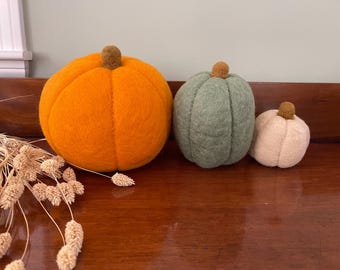 Felt Pumpkins Decor-SET OF 3-Large, Hand Dyed Felt-Hand Made-Halloween Fun-8" Orange, 7" Green, 4" Ecru-Fall Home Decor-Thanksgiving Table