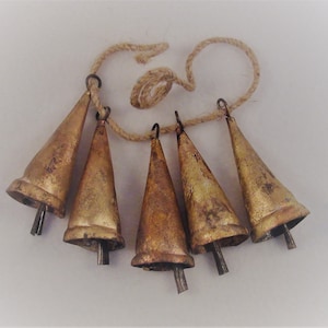 VINTAGE NOAH Bells - Set of 3 or more Rustic Gold 3&quot; Triangular Bells for Wind Chimes, Christmas Decor, Door Bells, Pets, Wreaths