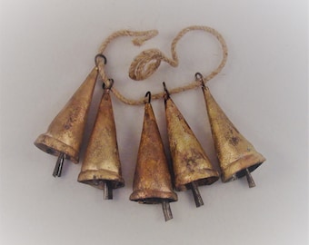 VINTAGE NOAH Bells - Set of 3 or more Rustic Gold 3" Triangular Bells for Wind Chimes, Christmas Decor, Door Bells, Pets, Wreaths