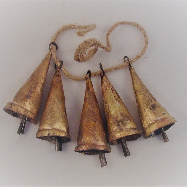 VINTAGE NOAH Bells - Set of 3 or more Rustic Gold 3" Triangular Bells for Wind Chimes, Christmas Decor, Door Bells, Pets, Wreaths