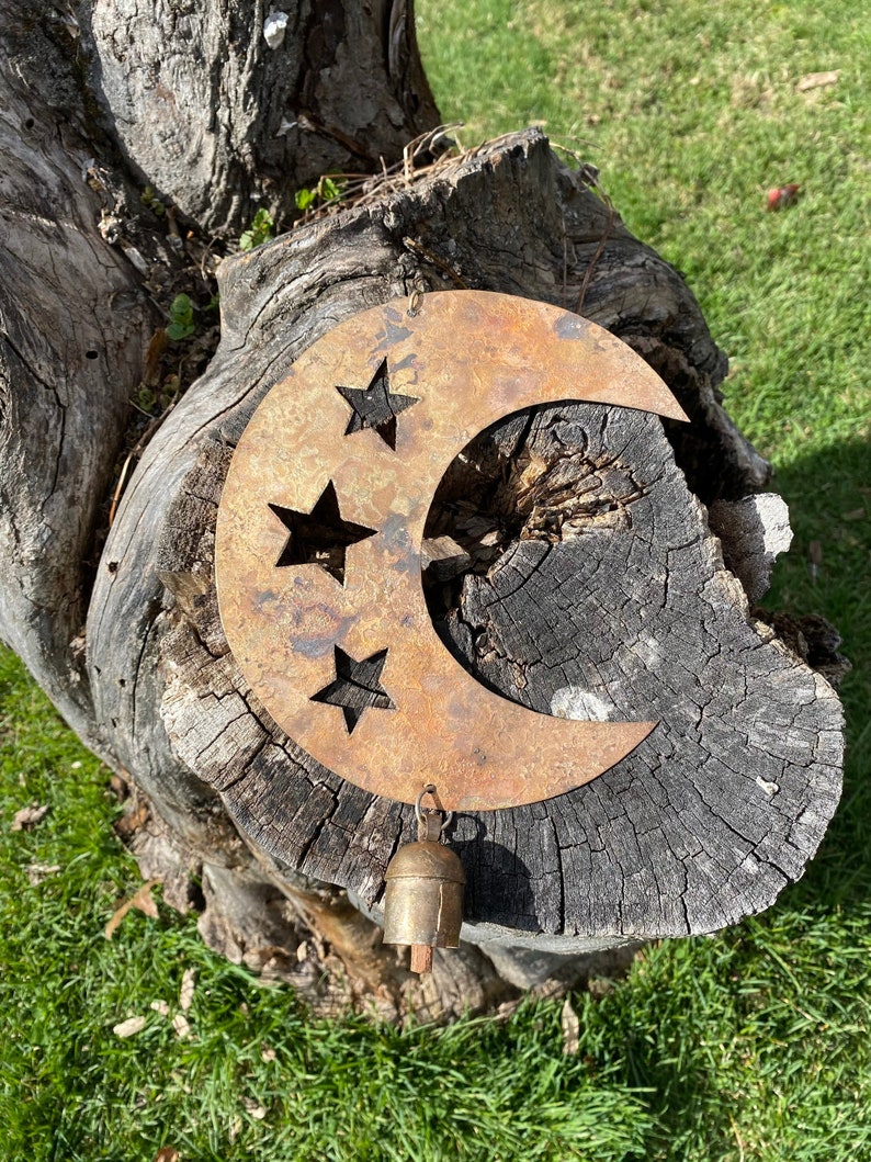 Rustic Gold Crescent Moon Wind Chime with Three Cut Out Stars image 1