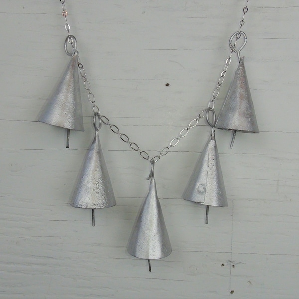 5 SILVER FAIRY Bells-Small 2" Triangle Cone Bells that Shimmer in the Light-For Door, Crafts, Gardens, Wind Chimes-Silver Spray on Metal