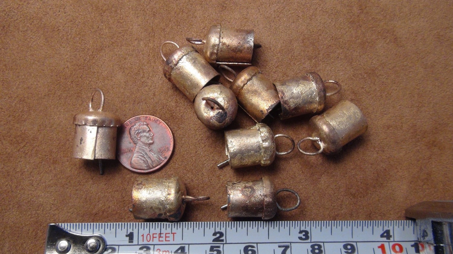 TINY Bells-10 COPPER Painted Iron Tinkling Tiny Cylindrical Bells