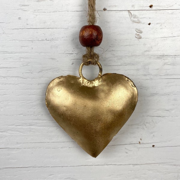 Puffed Gold Heart Decor with Rope and Wooden Bead - Shining Golden Wall Decor, Tree Ornament, or for Nursery, Country Farmhouse or Cabin