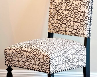 Pair of Black & White Vintage Dining Chairs with Scrollwork Fabric - Unique and Stunning Makeover - Gothic Look