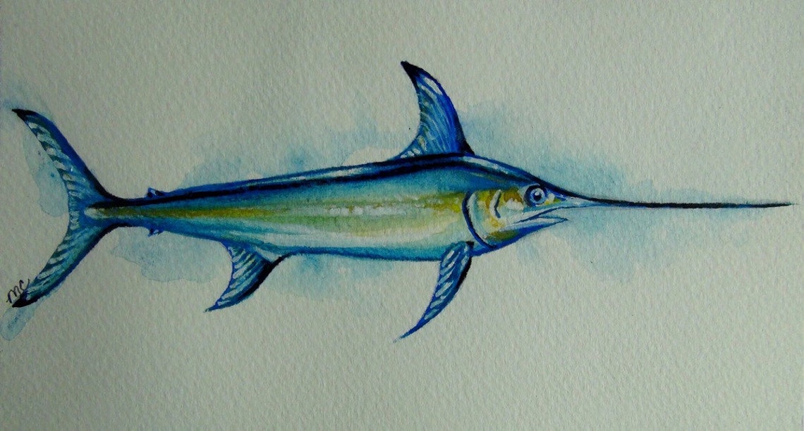 Swordfish Original Watercolor Painting Framedunique Sea Etsy