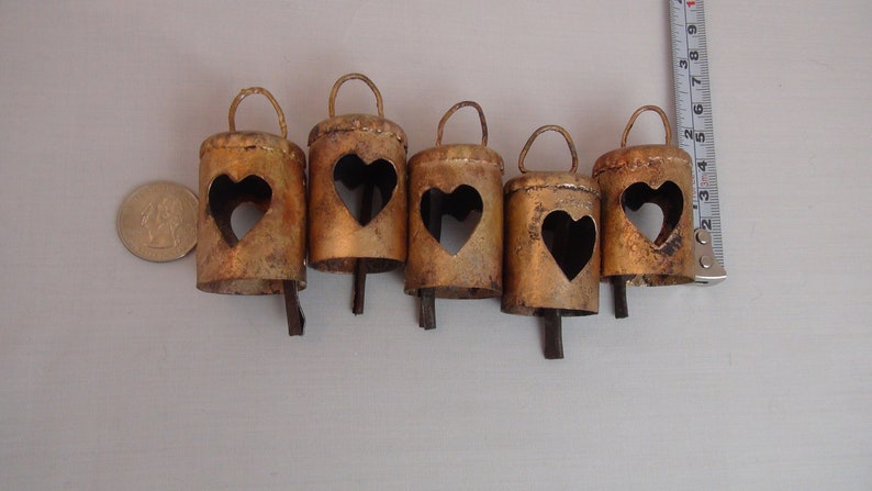 RUSTIC HEART Bells Set of Metal Gold Bells with Rustic Finish, Metal Clapper 2 1/4 For Bell Hangings, Crafts, Valentines, Christmas image 2