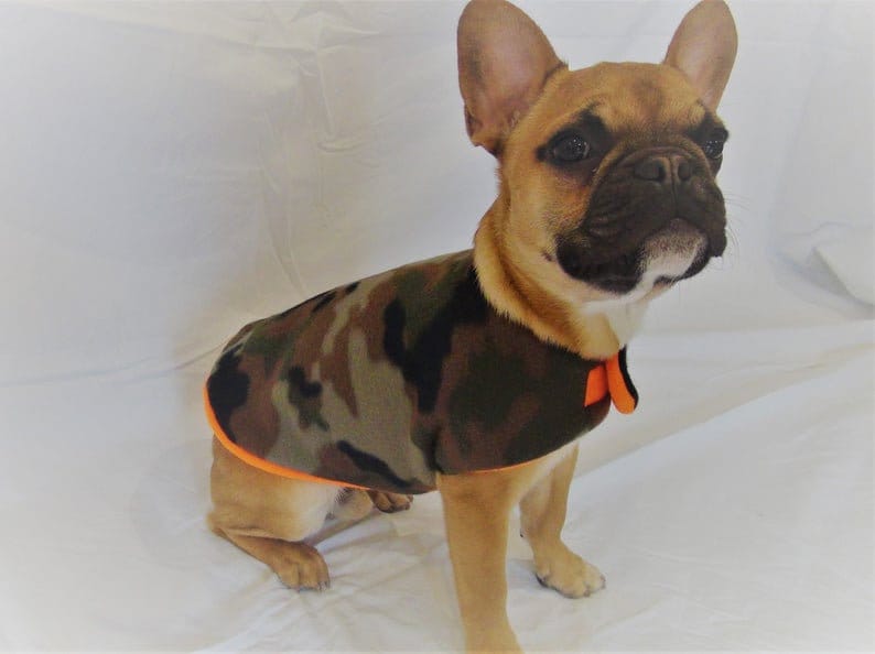 Camouflage Dog Jacket-Camo Swag-Reversible To Neon Bright Orange Fleece-Hunter's Coat-Warm, Comfortable, Adjustable Hook Loop