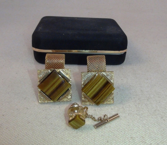 TIGER EYE カフスボタンとネクタイピン - 本物の高品質ストーンと