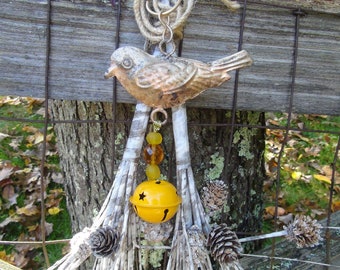 JINGLE BIRD - Rustic Gold Bird with Sparkling Yellow Beads & Yellow Jingle Bell-For Wreaths, Trees, Doors, Ornaments, Christmas Decor