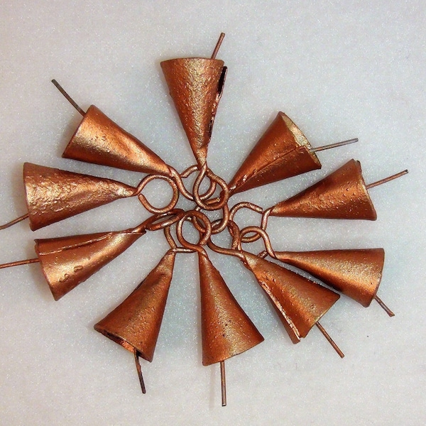 10 Mini COPPER Triangular Bells-Bold Color-So Sweet & Tiny-Handmade Brass, Recycled Metals-Delightful Charms for any Craft Project, Jewelry