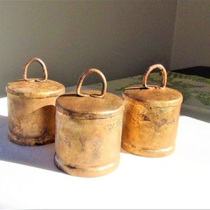 HOPE BELLS-3 Rustic Gold 3 1/2&quot; Fabulous Bells w/ Wooden Ringers for Weddings, Wind Chimes, Gardens, Wreaths-Will Sit Easily on Table