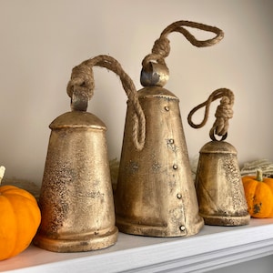TRUMPET BELLS - Set of 3 in Rustic Gold, Rough Metal w/ Ropes Attached - Extra Rustic for Holiday Decoration
