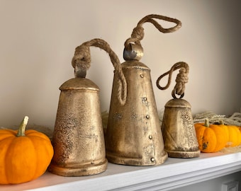 TRUMPET BELLS - Set of 3 in Rustic Gold, Rough Metal w/ Ropes Attached - Extra Rustic for Holiday Decoration, Christmas Mantel, Wreaths