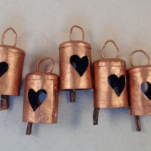 COPPER Painted BELLS with HEART Cutouts- 2 1/4 Inch-Recycled Iron Metal Brass Bells-Weddings, Craft Projects-Make Wind Chimes