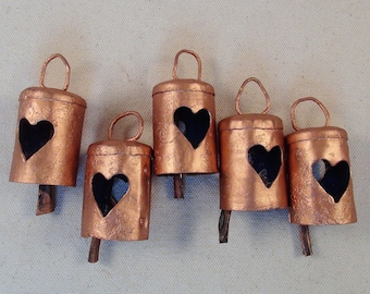 COPPER Painted BELLS with HEART Cutouts- 2 1/4 Inch-Recycled Iron Metal Brass Bells-Weddings, Craft Projects-Make Wind Chimes