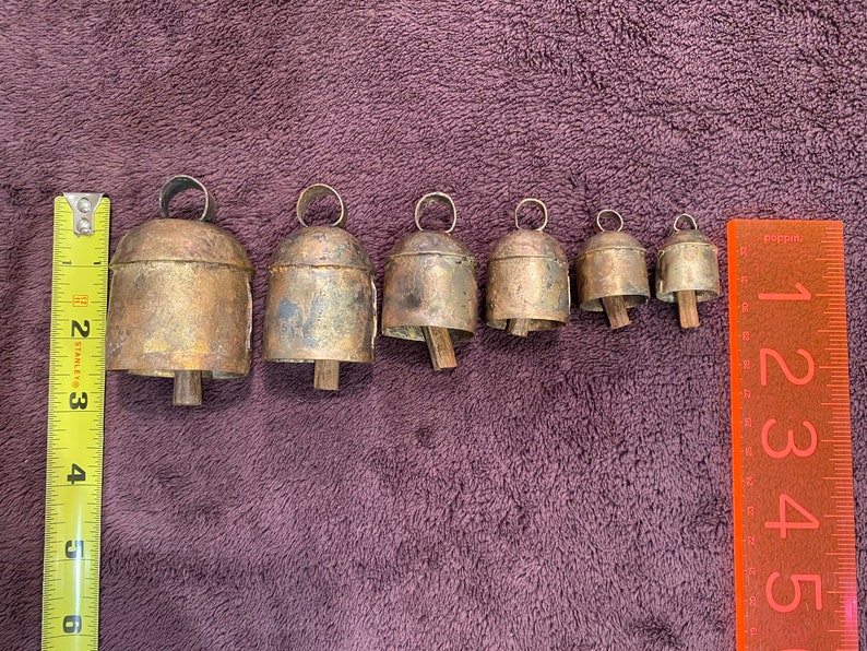 RUSTIC FARMHOUSE BELLS 5 Rough Hewn Gold Bells w/ Wooden Clappers in 6 Sizes Shabby Chic Cow Bells Xmas Tree, Holiday, Wedding Bells image 9