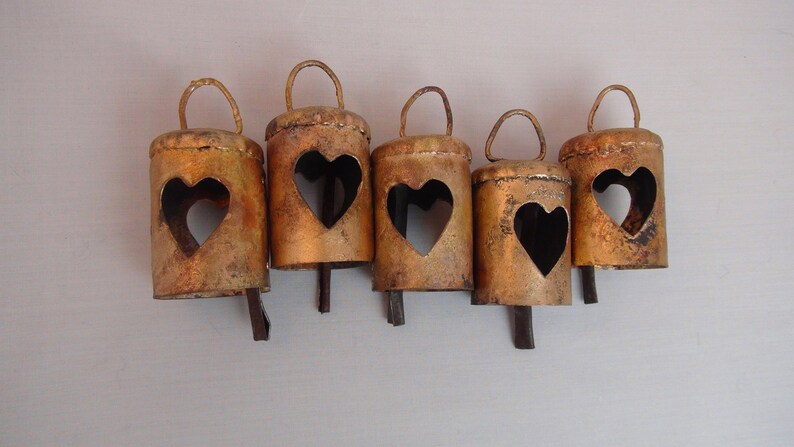 RUSTIC HEART Bells Set of Metal Gold Bells with Rustic Finish, Metal Clapper 2 1/4 For Bell Hangings, Crafts, Valentines, Christmas image 4