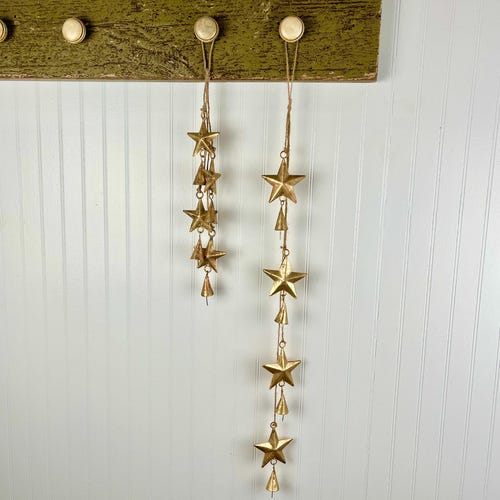 SHOOTING STARS Bell Hanging Strung on Jute - 8 Rustic Gold Stars and Cone Bells - 2 Sizes For Door, Wreath, Mantel, Garden, Porch, Deck