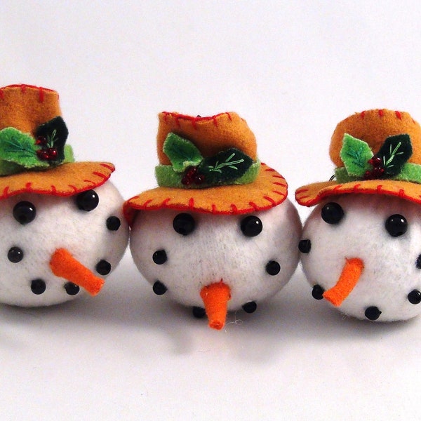 Frosty the Snowman Christmas Ornaments-Set of 3 Snowman Heads to Hang on Holiday Tree-Hand Made w/ Felt and Beads