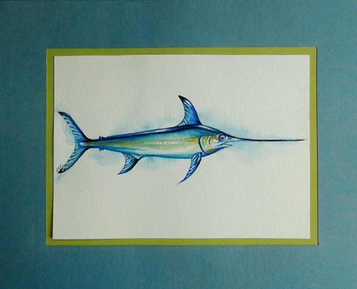 Swordfish - Original Watercolor Painting - Framed-unique Sea