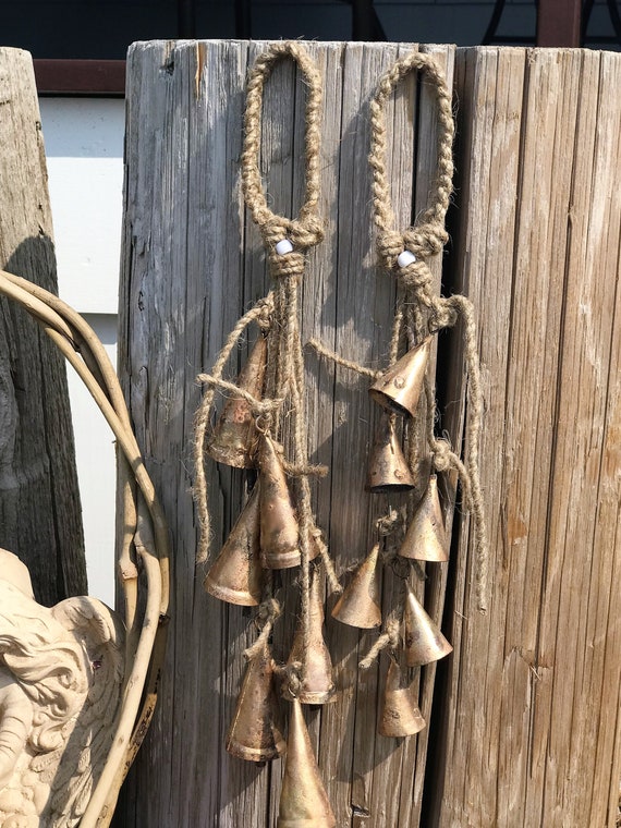 Witch Bells, Door Bells, Pet Bells-hand Made Here at Nightingale Arts-6  Rustic Orange Gold Bells on Thick Twine-protection Bells-2 Sizes 