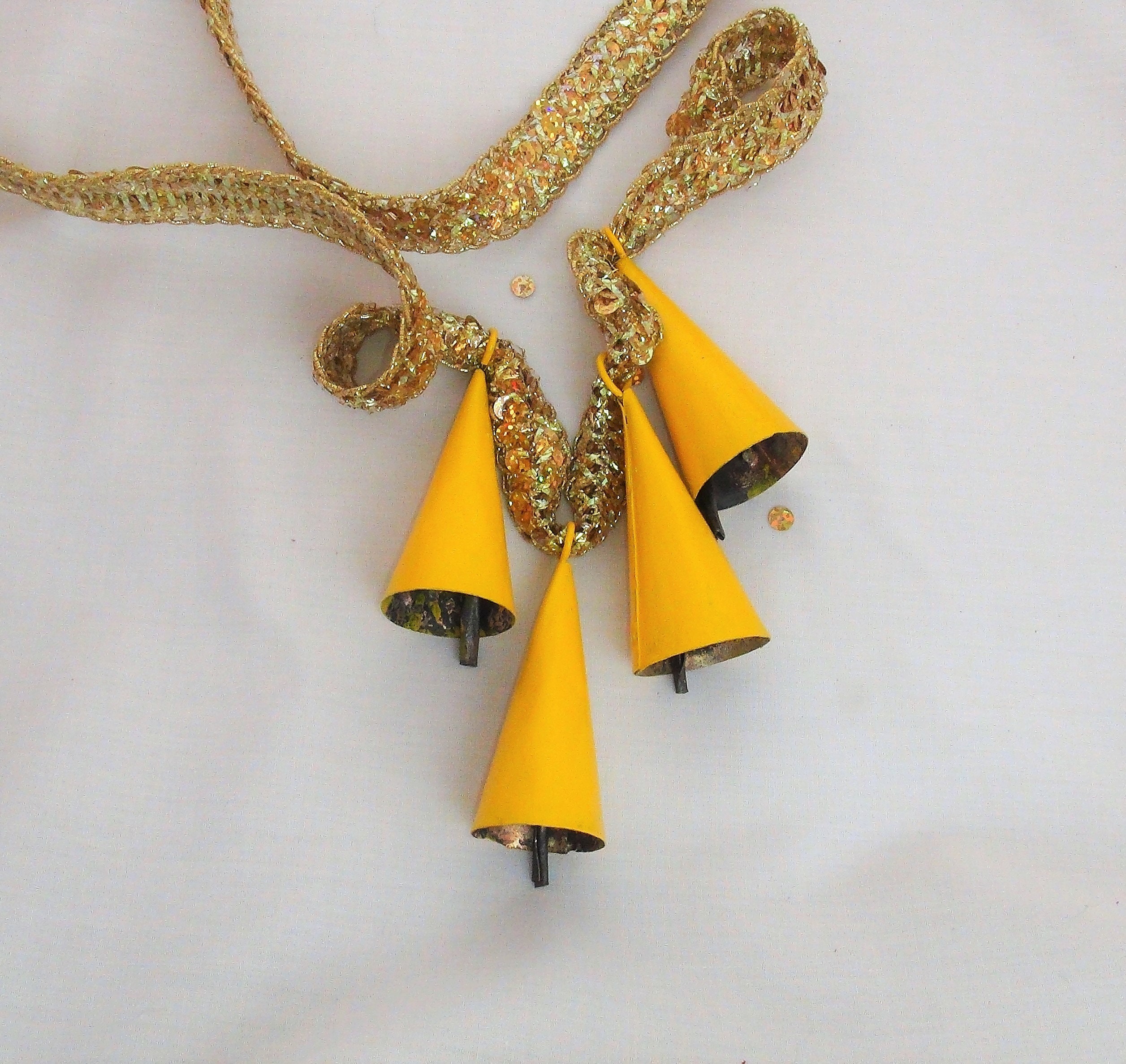 Sunny Yellow Bells For Holiday Decoration-Lemon Drop 3" Bells For Christmas Wreaths, Trees, Doors-Yellow Painted Cone/Triangle
